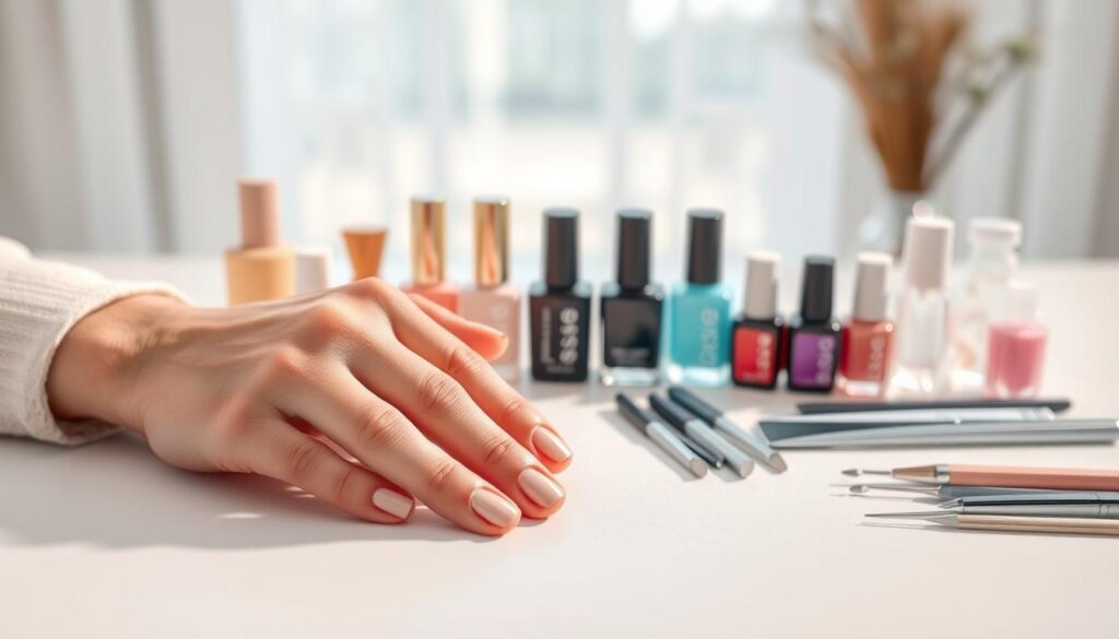 A beautifully lit, high-resolution image of factors influencing the duration of a hybrid manicure. In the foreground, a set of well-manicured hands rests on a pristine white surface, highlighting the intricate details of the nail polish. The middle ground features various nail care tools and products, such as nail files, cuticle pushers, and nail polish bottles, arranged in an organized manner. The background showcases a tranquil, softly blurred scene, perhaps a minimalist interior or a natural setting, creating a calming and serene atmosphere. The overall composition and lighting emphasize the thoughtful and attentive process of performing a hybrid manicure, capturing the factors that contribute to its duration.