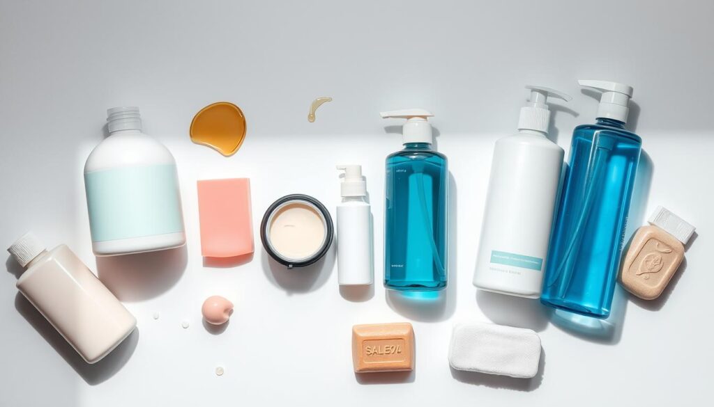 A clean, minimalist close-up composition showcasing a variety of household and personal care products, some wet and dripping, others dry and untouched. The items are arranged neatly on a plain white background, evenly lit from above to create sharp shadows and highlights that emphasize their textures and forms. The products include bottles, tubes, jars, and bars in a range of colors and materials, representing both rinse-off and leave-on formulations. The overall mood is clinical yet visually engaging, drawing the viewer's attention to the different types of produkty spłukiwane i niespłukiwane.