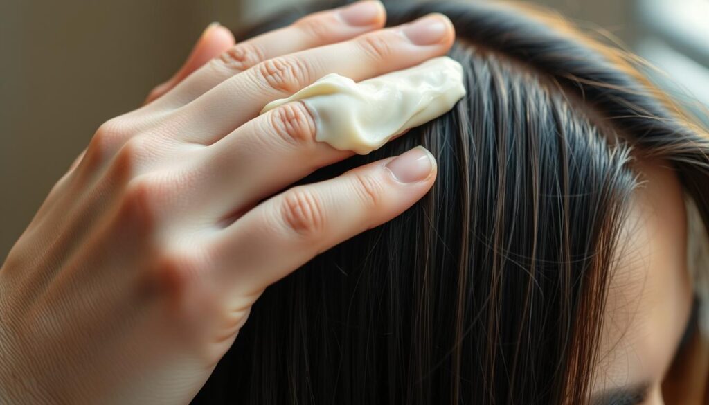 A close-up shot of a hand applying a thick, creamy hair bleaching product evenly through strands of dark hair. The fingers gently massage the scalp, ensuring even distribution. Diffused, warm lighting casts a soft, natural glow, highlighting the delicate texture of the hair and the skin. The background is slightly blurred, placing the focus entirely on the hand-hair interaction, conveying the care and attention required during this crucial application process. The scene exudes a sense of patience and precision, reflecting the importance of proper timing for achieving the desired lightening effect. A close-up shot of a hand applying a thick, creamy hair bleaching product evenly through strands of dark hair. The fingers gently massage the scalp, ensuring even distribution. Diffused, warm lighting casts a soft, natural glow, highlighting the delicate texture of the hair and the skin. The background is slightly blurred, placing the focus entirely on the hand-hair interaction, conveying the care and attention required during this crucial application process. The scene exudes a sense of patience and precision, reflecting the importance of proper timing for achieving the desired lightening effect.