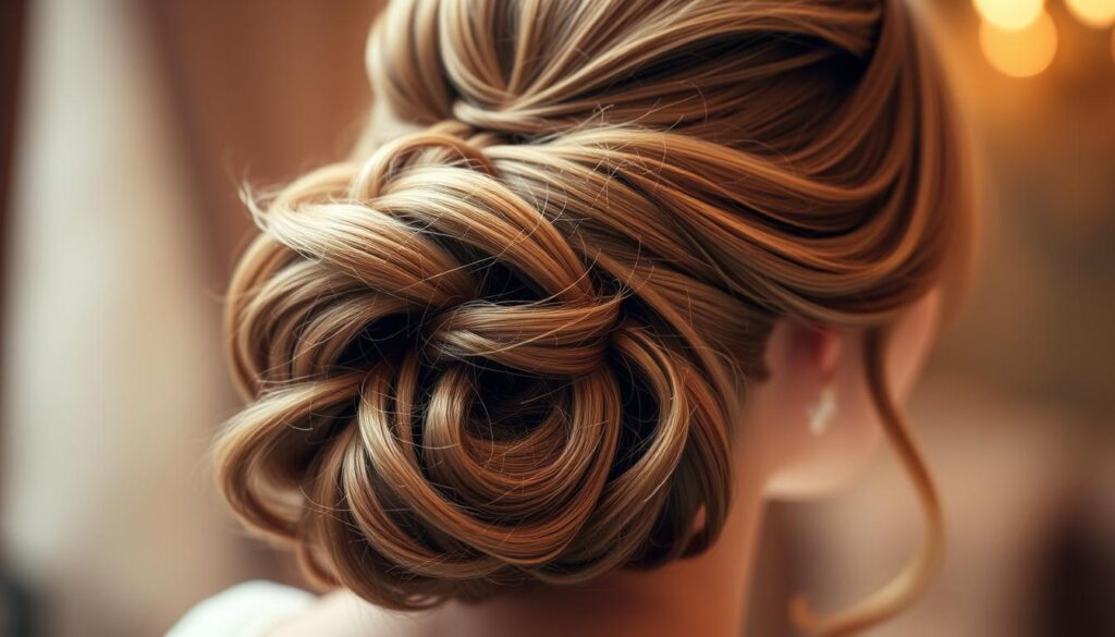 A close-up shot of a stylish, elegant updo hairstyle for a wedding, captured in soft, warm lighting that enhances the intricate details. The hair is elegantly swept up, with delicate curls and waves framing the face. The style is sophisticated yet timeless, perfectly complementing the special occasion. The image conveys a sense of timeless beauty and the importance of the moment, reflecting the significance of the "Dlaczego idealna fryzura jest kluczowa na wielki dzień" section of the article.