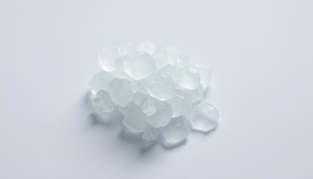 A close-up shot of a translucent, crystalline substance with a slight bluish hue, illuminated by soft, diffused lighting. The substance appears to be a chemical preservative, delicately arranged on a clean, neutral background, conveying a sense of scientific precision and purity. The image should capture the essence of a common preservative used in cosmetic formulations, conveying a sense of the technical and functional nature of this ingredient.