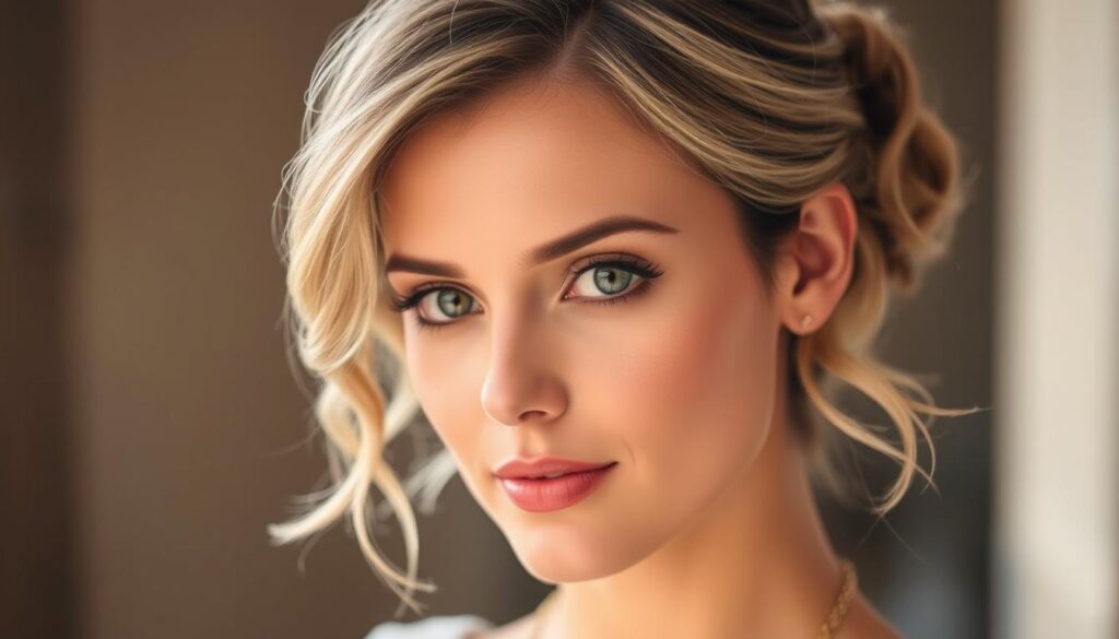A close-up shot of a woman's head, showcasing a stylish and elegant short hairstyle for a wedding. The hair is expertly styled, with subtle waves and a subtle shine, framing the model's face in a flattering and modern way. The lighting is soft and diffused, creating a warm and inviting atmosphere. The background is blurred, keeping the focus on the intricate details of the hairstyle. The overall impression is one of classic sophistication with a touch of contemporary flair, perfectly suited for a wedding celebration.