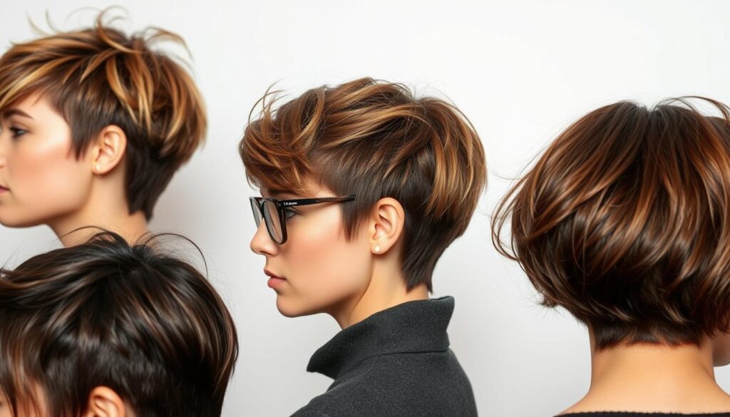 A close-up shot of several fashionable short hairstyles from various angles, capturing the intricate layers, textures, and styling details. The hairstyles should showcase a range of modern, trendy looks suitable for the "Inspiracje: Najmodniejsze krótkie fryzury" section, including pixie cuts, bobs, and other stylish short cuts. The lighting should be soft and flattering, with a focus on showcasing the dimensional quality of the hair and creating an aspirational, high-fashion aesthetic. The background should be clean and minimalist, allowing the hairstyles to be the central focus of the image.