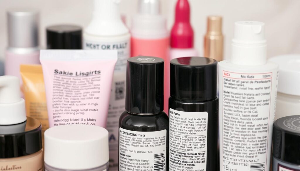 A close-up view of various cosmetic product packages and containers, displaying clear labeling and indicators for the presence of nickel. The foreground features an assortment of common cosmetic items such as makeup, skincare, and personal care products, all with their INCI (International Nomenclature of Cosmetic Ingredients) lists visible. The middle ground showcases the specific chemical symbols and terminology used to denote nickel, such as "Ni" or "Nickel", allowing the viewer to easily identify and recognize its presence. The background is softly blurred, maintaining focus on the informative product details. The overall mood is one of clarity and educational purpose, guiding the viewer to understand how to identify nickel in cosmetic formulations. A close-up view of various cosmetic product packages and containers, displaying clear labeling and indicators for the presence of nickel. The foreground features an assortment of common cosmetic items such as makeup, skincare, and personal care products, all with their INCI (International Nomenclature of Cosmetic Ingredients) lists visible. The middle ground showcases the specific chemical symbols and terminology used to denote nickel, such as "Ni" or "Nickel", allowing the viewer to easily identify and recognize its presence. The background is softly blurred, maintaining focus on the informative product details. The overall mood is one of clarity and educational purpose, guiding the viewer to understand how to identify nickel in cosmetic formulations.
