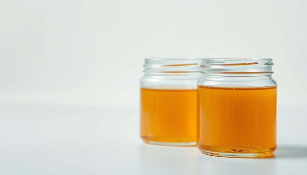 A close-up, well-lit, hyper-realistic photograph of a controversial cosmetic preservative in glass jars. The preservative appears as a viscous, translucent liquid with a slight amber hue, set against a clean, minimalist background. The jars are arranged in the foreground, with a shallow depth of field emphasizing the textural details of the preservative. The lighting is soft and diffused, creating a sense of refinement and professionalism. The overall mood is one of clinical objectivity, inviting the viewer to contemplate the pros and cons of this ingredient's use in personal care products.
