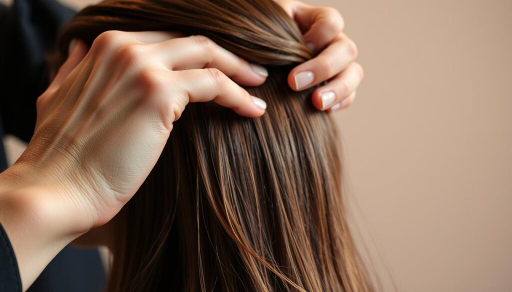 A detailed, step-by-step process of applying hair dye, captured in a vibrant, well-lit studio setting. A close-up view of a stylist's hands gently parting and sectioning the model's hair, revealing their scalp. Subtle highlights and reflections on the hair strands, conveying the texture and sheen of the dye application. In the background, a minimalist backdrop with muted tones, allowing the focus to remain on the intricate technique. The overall mood is one of precision, care, and the artistry involved in achieving a seamless, professional hair color result. A detailed, step-by-step process of applying hair dye, captured in a vibrant, well-lit studio setting. A close-up view of a stylist's hands gently parting and sectioning the model's hair, revealing their scalp. Subtle highlights and reflections on the hair strands, conveying the texture and sheen of the dye application. In the background, a minimalist backdrop with muted tones, allowing the focus to remain on the intricate technique. The overall mood is one of precision, care, and the artistry involved in achieving a seamless, professional hair color result.