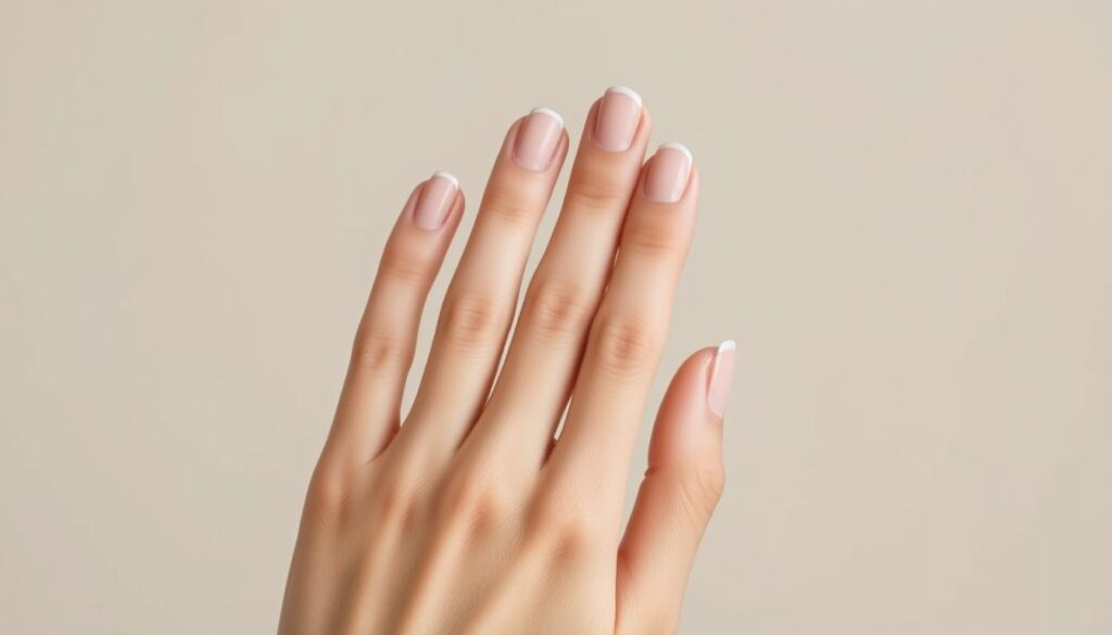 A elegant close-up shot of a well-manicured hand against a soft, neutral-toned background. The fingers are adorned with a subtle, natural-looking nail polish in a range of delicate nude hues, creating a harmonious and refined palette. Diffused lighting gently illuminates the nails, highlighting their smooth texture and healthy appearance. The composition emphasizes the hands as the central focus, showcasing the perfect blend of colors that would complement a wide variety of skin tones. This image evokes a sense of sophisticated simplicity, perfectly suited to illustrate the "Wybór idealnych kolorów i lakierów" section of the article.