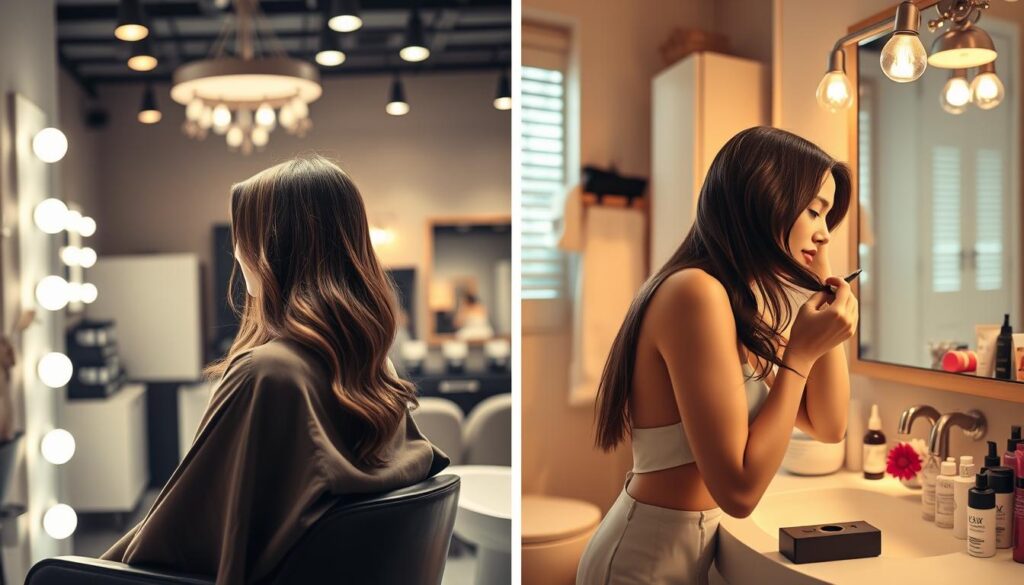 A hair salon interior with a well-lit styling station on the left, showcasing a model getting her hair colored by a professional stylist. On the right, a domestic bathroom setting with a woman applying hair dye at the vanity, surrounded by various home hair coloring products. The two scenes are arranged side-by-side, inviting a visual comparison of the salon and at-home hair coloring experiences. The lighting is warm and flattering, emphasizing the textures of the hair and skin. The overall mood is one of elegance and self-care, highlighting the differences in ambiance, service, and results between professional and DIY hair coloring. A hair salon interior with a well-lit styling station on the left, showcasing a model getting her hair colored by a professional stylist. On the right, a domestic bathroom setting with a woman applying hair dye at the vanity, surrounded by various home hair coloring products. The two scenes are arranged side-by-side, inviting a visual comparison of the salon and at-home hair coloring experiences. The lighting is warm and flattering, emphasizing the textures of the hair and skin. The overall mood is one of elegance and self-care, highlighting the differences in ambiance, service, and results between professional and DIY hair coloring.