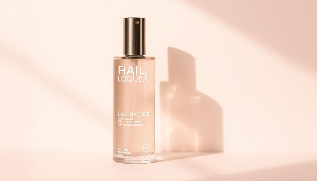 A high-quality, lightweight hair lacquer in a sleek, modern bottle. The lacquer has a translucent, shimmering appearance that gently holds and smoothens thin, fine hair strands without weighing them down. Soft natural lighting illuminates the product, casting a warm, radiant glow. The bottle is centered in the frame, slightly angled to showcase the elegant design. The background is a simple, minimalist gradient in soft, calming tones that complement the lacquer's aesthetic. The overall composition conveys a sense of sophistication, highlighting the product's ability to provide light, flexible hold for delicate, fine hair. A high-quality, lightweight hair lacquer in a sleek, modern bottle. The lacquer has a translucent, shimmering appearance that gently holds and smoothens thin, fine hair strands without weighing them down. Soft natural lighting illuminates the product, casting a warm, radiant glow. The bottle is centered in the frame, slightly angled to showcase the elegant design. The background is a simple, minimalist gradient in soft, calming tones that complement the lacquer's aesthetic. The overall composition conveys a sense of sophistication, highlighting the product's ability to provide light, flexible hold for delicate, fine hair.