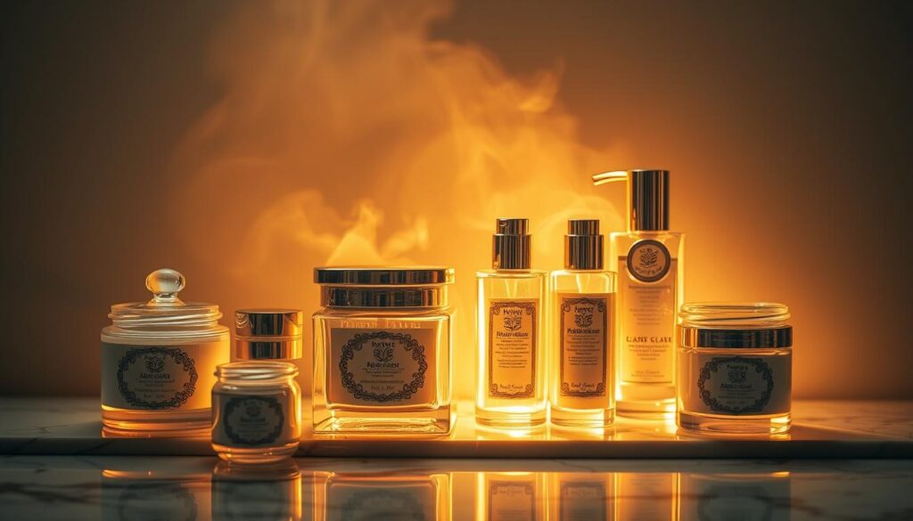 A luxurious display of premium Italian cosmetics, bathed in warm, golden light. Elegant glass jars and bottles, their labels adorned with intricate designs, stand proudly on a marble counter. Soft, diffused shadows create depth, highlighting the refined textures and sheen of the high-quality products. A hint of steam or mist adds a subtle, alluring atmosphere, suggesting the luxurious experience of using these coveted skincare and beauty items. The overall composition conveys a sense of sophistication, indulgence, and the enduring craftsmanship that defines Italy's premier cosmetic brands.