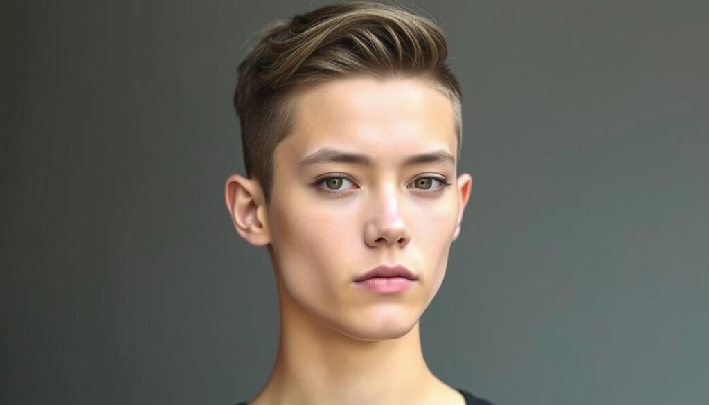A minimalistic, stylish haircut with short, neatly-trimmed sides and a textured, lightly-styled top. The model has a youthful, androgynous appearance, showcasing a modern, effortless chic aesthetic. Diffused, natural lighting illuminates the scene, accentuating the model's sharp facial features and the sleek, sophisticated hairstyle. The background is blurred, keeping the focus on the subject and their trendy, versatile look. The overall mood is one of simple elegance and contemporary style, reflecting the latest fashion in short, stylish haircuts.