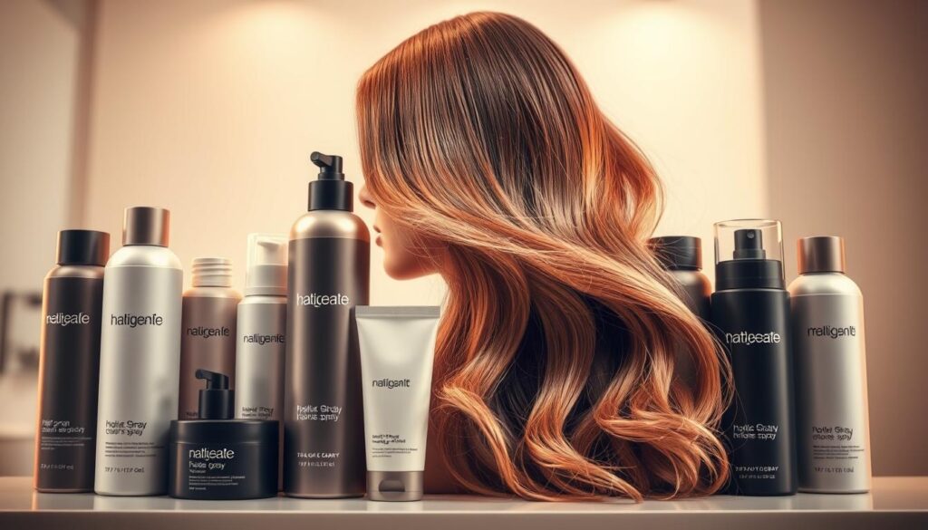 A modern, sleek, and stylish display of various hair styling products. The foreground features an array of high-quality hair sprays, gels, and mousses in minimalist, contemporary packaging. The middle ground showcases the products in use, with strands of hair styled in a soft, natural-looking wave. The background is a clean, bright, and minimalist setting, perhaps a studio or a bathroom, allowing the products to take center stage. Warm, directional lighting accentuates the sheen and texture of the hair, creating a sense of sophistication and professionalism. The overall composition and styling convey a sense of modern, high-end hair care solutions. A modern, sleek, and stylish display of various hair styling products. The foreground features an array of high-quality hair sprays, gels, and mousses in minimalist, contemporary packaging. The middle ground showcases the products in use, with strands of hair styled in a soft, natural-looking wave. The background is a clean, bright, and minimalist setting, perhaps a studio or a bathroom, allowing the products to take center stage. Warm, directional lighting accentuates the sheen and texture of the hair, creating a sense of sophistication and professionalism. The overall composition and styling convey a sense of modern, high-end hair care solutions.