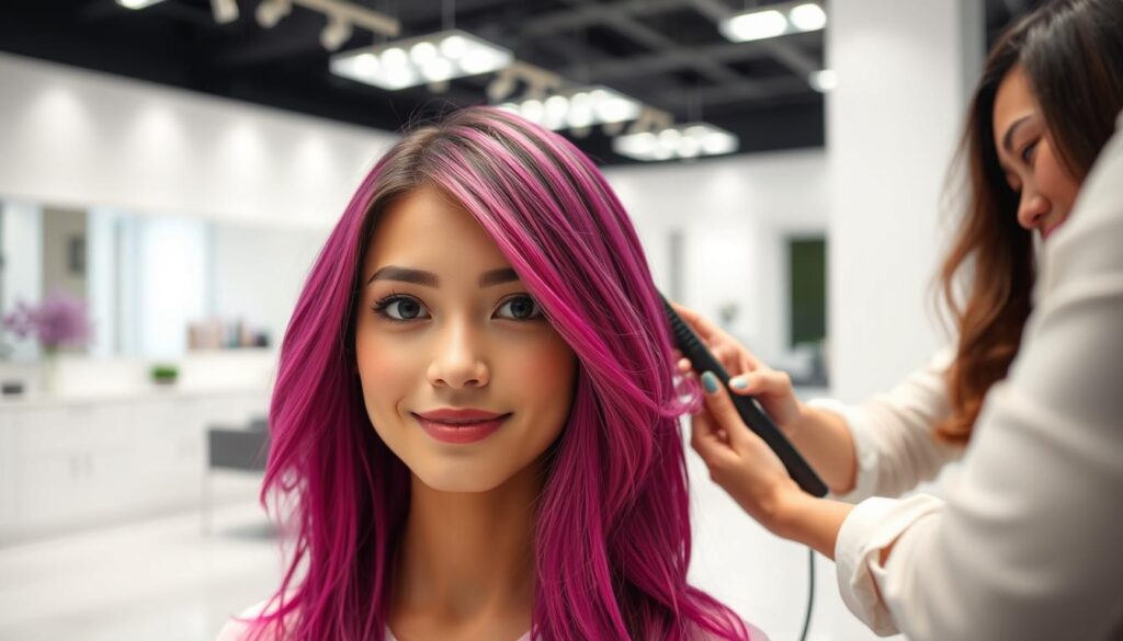 A professional hair coloring session in a bright, modern salon. In the foreground, a model with vibrant, expertly dyed hair, their facial features and expression conveying a sense of confidence and satisfaction. The middle ground shows the skilled hands of the stylist, carefully applying the color with precision. The background features minimalist decor, clean lines, and soft, diffused lighting, creating a serene, high-end atmosphere. The overall image reflects the benefits of professional hair coloring - enhanced beauty, quality results, and a luxurious salon experience.