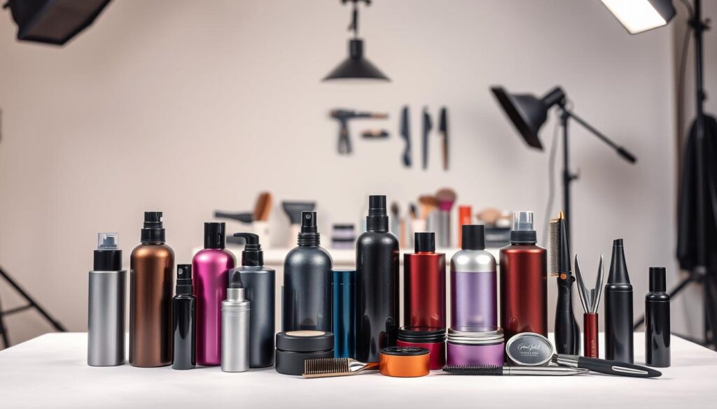 A professional photographer's studio setting, showcasing a collection of premium hair styling products. In the foreground, an assortment of sleek, glossy hair spray bottles, hair waxes, and pomades in a range of sophisticated colors against a soft, neutral backdrop. The middle ground features a well-lit tabletop with various hairstyling tools, such as brushes, combs, and curling irons, creating a sense of a well-equipped salon. The background is slightly blurred, hinting at the professional environment, with subtle lighting and a clean, minimalist aesthetic. The overall composition and attention to detail convey the high-quality, professional nature of the hair care products. A professional photographer's studio setting, showcasing a collection of premium hair styling products. In the foreground, an assortment of sleek, glossy hair spray bottles, hair waxes, and pomades in a range of sophisticated colors against a soft, neutral backdrop. The middle ground features a well-lit tabletop with various hairstyling tools, such as brushes, combs, and curling irons, creating a sense of a well-equipped salon. The background is slightly blurred, hinting at the professional environment, with subtle lighting and a clean, minimalist aesthetic. The overall composition and attention to detail convey the high-quality, professional nature of the hair care products.