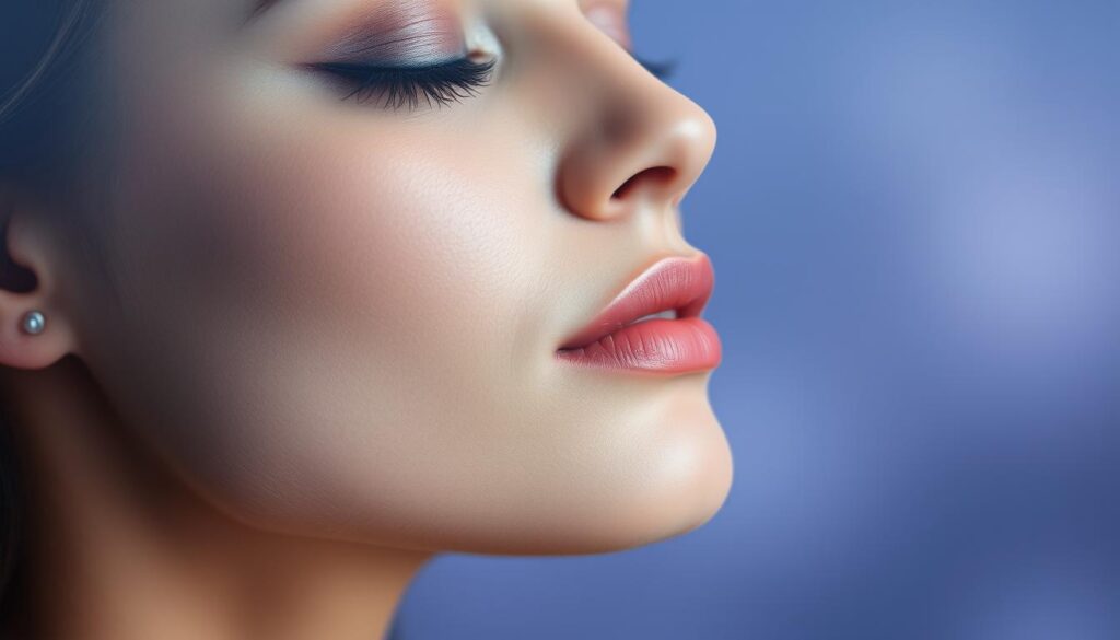 A serene and ethereal close-up portrait of a woman's face, her eyes gently closed as she is immersed in deep thought or meditation. Soft, diffused lighting bathes her features, highlighting her delicate bone structure and the graceful curve of her neck. The background is a subtle, hazy gradient of soothing hues of blue and lavender, evoking a sense of calm and introspection. The woman's makeup is understated yet elegant, with a soft smoky eye in shades of blue and violet, complemented by a neutral, matte lip color. The overall mood is one of tranquility, inner reflection, and effortless beauty. A serene and ethereal close-up portrait of a woman's face, her eyes gently closed as she is immersed in deep thought or meditation. Soft, diffused lighting bathes her features, highlighting her delicate bone structure and the graceful curve of her neck. The background is a subtle, hazy gradient of soothing hues of blue and lavender, evoking a sense of calm and introspection. The woman's makeup is understated yet elegant, with a soft smoky eye in shades of blue and violet, complemented by a neutral, matte lip color. The overall mood is one of tranquility, inner reflection, and effortless beauty.
