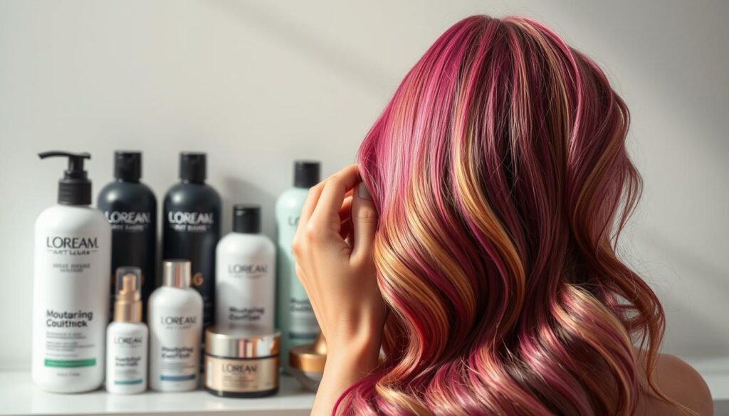 A serene scene of haircare after color treatment. In the foreground, a woman's hand gently massaging a moisturizing hair mask into her vibrant, freshly dyed locks. Midsection showcases an array of professional haircare products - shampoos, conditioners, and serums in soothing pastel hues. The background features a soft, diffused lighting, creating a calming, spa-like atmosphere. Subtle highlights and shadows accentuate the voluptuous, healthy-looking strands. The overall mood evokes a sense of post-coloring indulgence and rejuvenation, perfectly suited for the "Bezpieczeństwo i pielęgnacja włosów po koloryzacji" section. A serene scene of haircare after color treatment. In the foreground, a woman's hand gently massaging a moisturizing hair mask into her vibrant, freshly dyed locks. Midsection showcases an array of professional haircare products - shampoos, conditioners, and serums in soothing pastel hues. The background features a soft, diffused lighting, creating a calming, spa-like atmosphere. Subtle highlights and shadows accentuate the voluptuous, healthy-looking strands. The overall mood evokes a sense of post-coloring indulgence and rejuvenation, perfectly suited for the "Bezpieczeństwo i pielęgnacja włosów po koloryzacji" section.