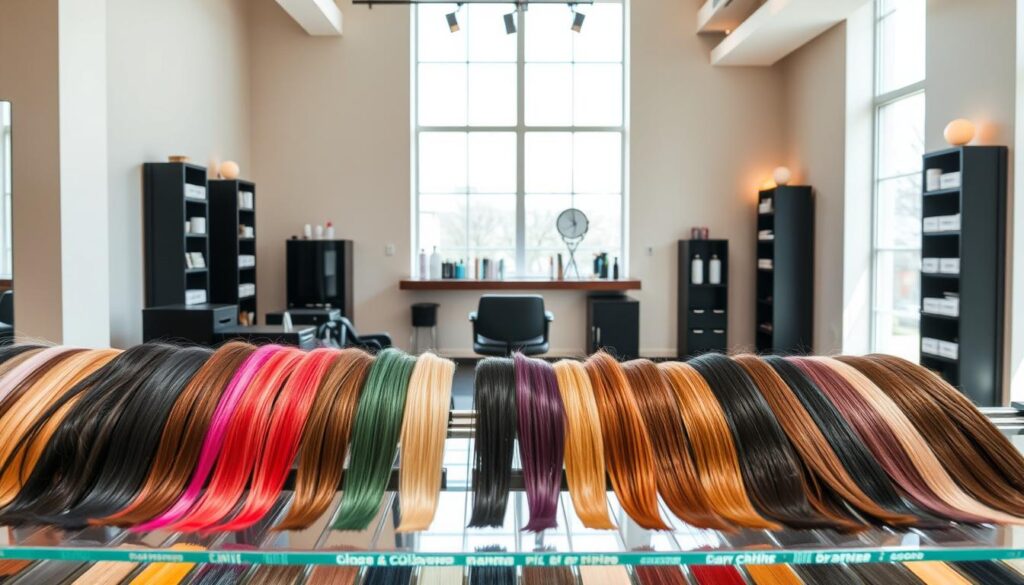A sleek, modern hair salon interior with natural lighting flooding through large windows. In the foreground, an array of hair color samples showcasing a vibrant spectrum of shades, arranged neatly on a glass display. In the middle ground, a stylish stylist's station with professional styling tools and products, hinting at the expertise and services offered. The background depicts a minimalist, chic decor with subtle, warm-toned accents, creating an inviting and relaxing atmosphere. The overall scene conveys the factors that contribute to the cost of a hair coloring service, from the high-quality materials and specialized equipment to the skilled artistry of the hairstylist.