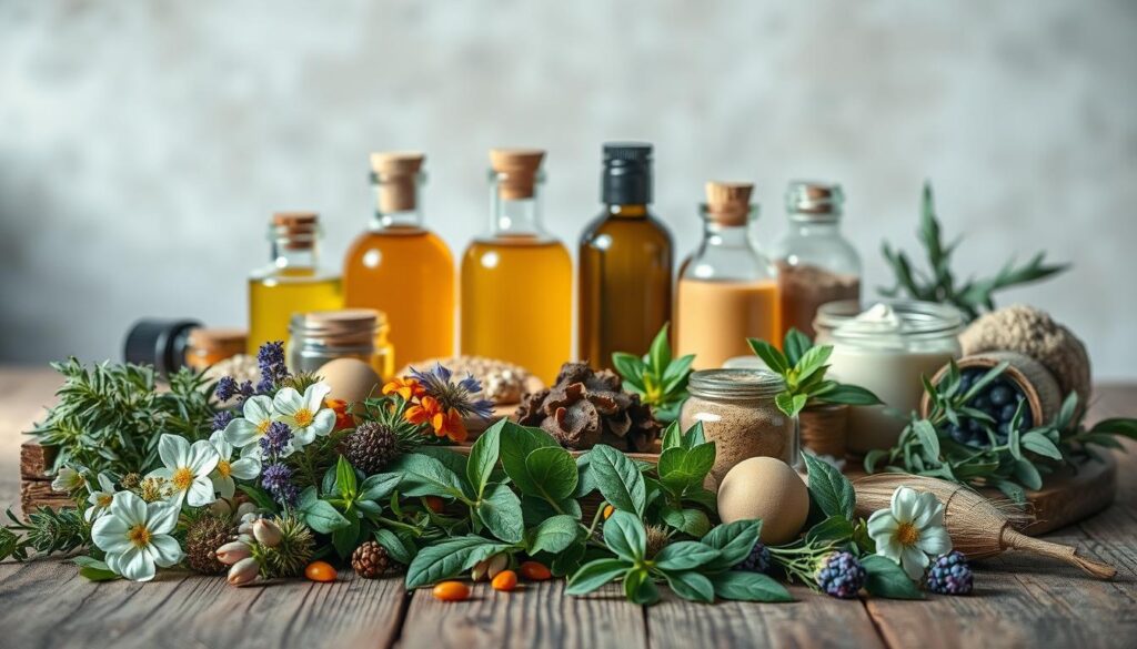A still life arrangement featuring an assortment of high-quality Italian natural cosmetic ingredients. In the foreground, a variety of herbs, flowers, and botanicals are carefully arranged on a rustic wooden surface, conveying a sense of purity and authenticity. In the middle ground, glass jars and bottles filled with natural oils, extracts, and powders are displayed, showcasing the raw materials used in the formulation of these premium Italian cosmetic products. The background is softly blurred, creating a sense of depth and emphasizing the central focus on the natural ingredients. The lighting is soft and diffused, casting gentle shadows and highlighting the vibrant colors and textures of the elements. The overall mood is one of natural beauty, wellness, and the artisanal craftsmanship of Italian skincare and beauty.