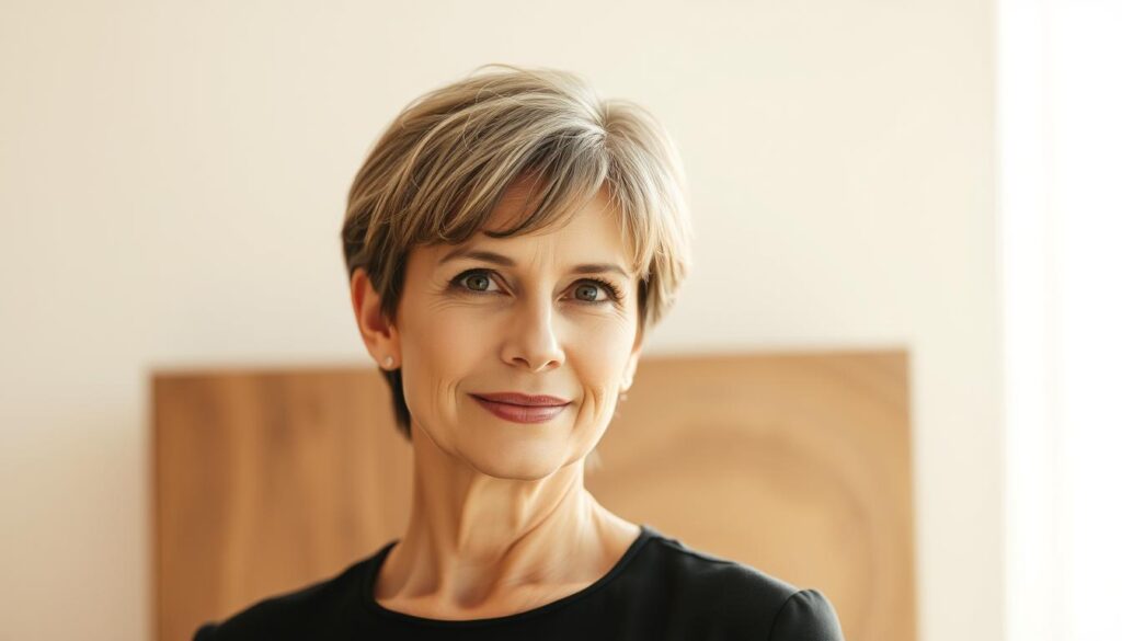 A stylish, middle-aged woman with a confident, sophisticated expression stands against a softly blurred, minimalist background. Her short, textured haircut frames her face beautifully, accentuating her delicate features. The lighting is warm and flattering, creating subtle shadows that add depth and dimension. The camera angle is slightly elevated, giving a sense of elegance and poise. The overall mood is one of timeless elegance and effortless style, perfectly capturing the essence of a chic, 40-year-old woman. A stylish, middle-aged woman with a confident, sophisticated expression stands against a softly blurred, minimalist background. Her short, textured haircut frames her face beautifully, accentuating her delicate features. The lighting is warm and flattering, creating subtle shadows that add depth and dimension. The camera angle is slightly elevated, giving a sense of elegance and poise. The overall mood is one of timeless elegance and effortless style, perfectly capturing the essence of a chic, 40-year-old woman.