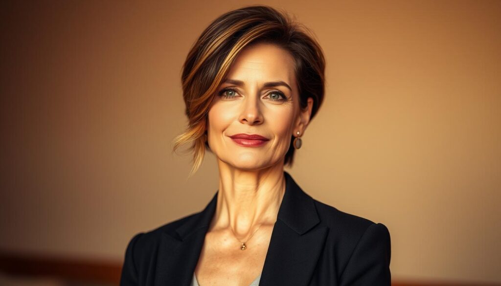 A stylish middle-aged woman with a sophisticated, yet modern hairstyle stands confidently against a softly blurred background. The lighting is warm and natural, accentuating the gentle waves and subtle highlights in her short, expertly-styled hair. The camera angle is slightly elevated, giving a flattering perspective that highlights the elegant, yet approachable presence of the subject. The overall mood is one of confidence, elegance, and a touch of timeless beauty, perfectly capturing the essence of a stylish 40-year-old woman. A stylish middle-aged woman with a sophisticated, yet modern hairstyle stands confidently against a softly blurred background. The lighting is warm and natural, accentuating the gentle waves and subtle highlights in her short, expertly-styled hair. The camera angle is slightly elevated, giving a flattering perspective that highlights the elegant, yet approachable presence of the subject. The overall mood is one of confidence, elegance, and a touch of timeless beauty, perfectly capturing the essence of a stylish 40-year-old woman.