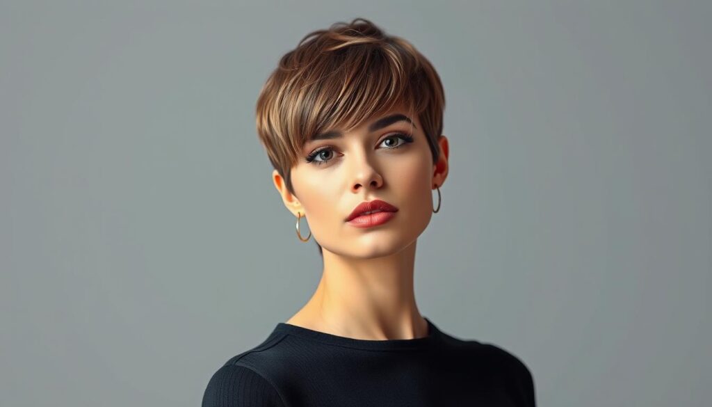 A stylish, short-haired woman confidently posing in a well-lit, minimalist studio setting. Her short, textured haircut frames her face beautifully, accentuating her sharp features and bold expression. The lighting is soft and flattering, casting gentle shadows that add depth and dimensionality to the image. The background is a clean, neutral tone that allows the subject to be the central focus. The overall mood is modern, sophisticated, and empowering, perfectly capturing the essence of the "chłopczyce" hairstyle.