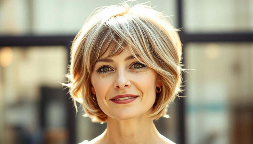 A stylish woman in her 40s, with a chic and youthful short haircut. The hairstyle features delicate layers, subtle highlights, and a tousled, textured finish that frames her face beautifully. Soft, diffused lighting illuminates her features, creating a warm, radiant glow. The background is a serene, blurred setting, allowing the focus to remain on the model's rejuvenated appearance. The overall mood is one of effortless elegance and a confident, vibrant spirit. A stylish woman in her 40s, with a chic and youthful short haircut. The hairstyle features delicate layers, subtle highlights, and a tousled, textured finish that frames her face beautifully. Soft, diffused lighting illuminates her features, creating a warm, radiant glow. The background is a serene, blurred setting, allowing the focus to remain on the model's rejuvenated appearance. The overall mood is one of effortless elegance and a confident, vibrant spirit.
