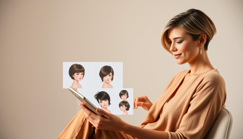 A stylish woman sitting in a well-lit studio, carefully examining different hairstyles on a tablet device. The image showcases a variety of short, feminine haircuts from various angles, highlighting how they would complement her oval-shaped face. Soft, diffused lighting creates a warm, inviting atmosphere, guiding the viewer's focus to the woman's thoughtful expression as she explores potential looks. The background is minimalist, allowing the hairstyles and her face to be the central focus. The overall scene conveys a sense of personal style and the importance of finding the right haircut to enhance one's natural features.
