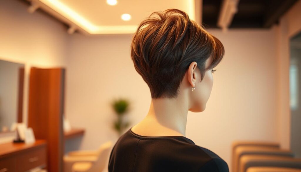A stylish woman with a chic, short haircut stands in a sleek, modern salon, her hair styled with precision from the back view. Soft, warm lighting creates a flattering glow, highlighting the elegant lines and texture of her sophisticated, close-cropped hairstyle. The minimalist, minimalist-inspired setting emphasizes the focus on the woman's sophisticated, low-maintenance look, conveying a sense of effortless sophistication and confidence.