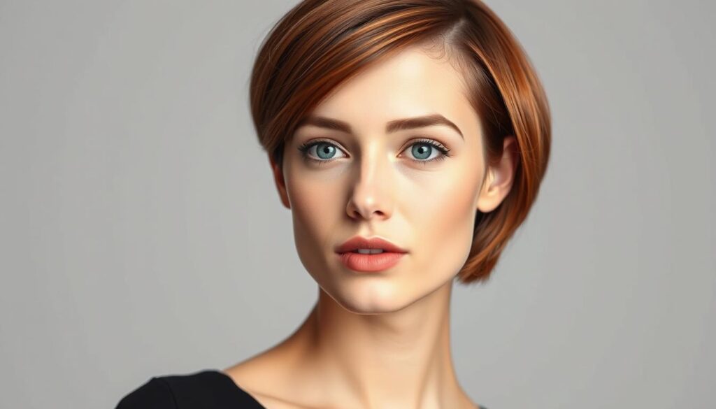 A stylishly sophisticated young woman, her elegant chestnut hair styled in a chic, short crop that perfectly complements the delicate, heart-shaped contours of her face. Soft, flattering lighting illuminates her features, accentuating her striking bone structure and high cheekbones. The minimalist, monochromatic setting allows the focus to remain solely on her flawless hairstyle, which seamlessly blends classic and contemporary elements. A sense of refined, feminine confidence emanates from the image, conveying the essence of the "tomboy chic" aesthetic.