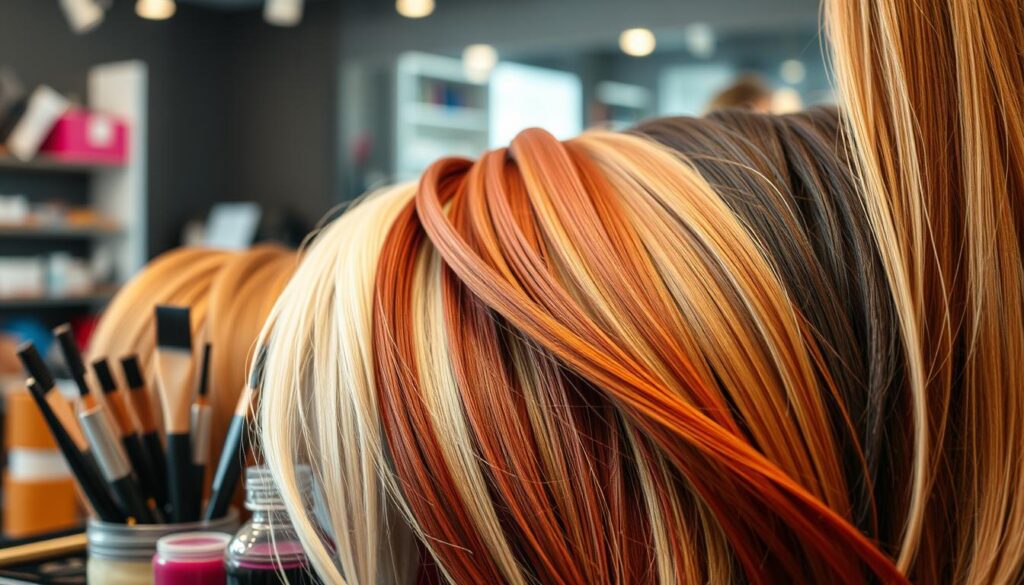A vibrant and diverse array of hair coloring techniques, showcasing a captivating spectrum of hues and textures. The foreground features an array of hair strands in a myriad of shades, from rich auburn to striking platinum, intertwined in an artistic display. The middle ground showcases various coloring tools and dyes, highlighting the versatility of the hair transformation process. In the background, a softly blurred salon-like setting creates a sense of professionalism and expertise. Warm, diffused lighting casts a flattering glow, emphasizing the natural beauty and vibrancy of the hair colors. The overall composition conveys the endless possibilities and the skill involved in the art of hair coloration. A vibrant and diverse array of hair coloring techniques, showcasing a captivating spectrum of hues and textures. The foreground features an array of hair strands in a myriad of shades, from rich auburn to striking platinum, intertwined in an artistic display. The middle ground showcases various coloring tools and dyes, highlighting the versatility of the hair transformation process. In the background, a softly blurred salon-like setting creates a sense of professionalism and expertise. Warm, diffused lighting casts a flattering glow, emphasizing the natural beauty and vibrancy of the hair colors. The overall composition conveys the endless possibilities and the skill involved in the art of hair coloration.