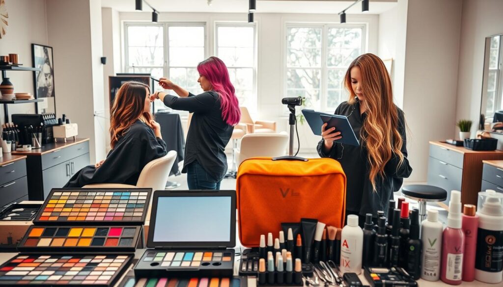 A well-lit salon interior, showcasing two stylists at work - one performing a classic in-salon hair coloring treatment, the other providing a mobile coloring service with a portable setup. The foreground features an array of vibrant hair color palettes, styling tools, and professional-grade products. In the middle ground, the two stylists demonstrate their respective techniques, one applying color with precision, the other using a compact mobile kit. The background depicts a modern, minimalist salon space with clean lines, subtle decor, and natural lighting filtering through large windows. The overall scene conveys the contrast between the traditional salon experience and the convenience of on-the-go coloring services, inviting the viewer to compare the two.