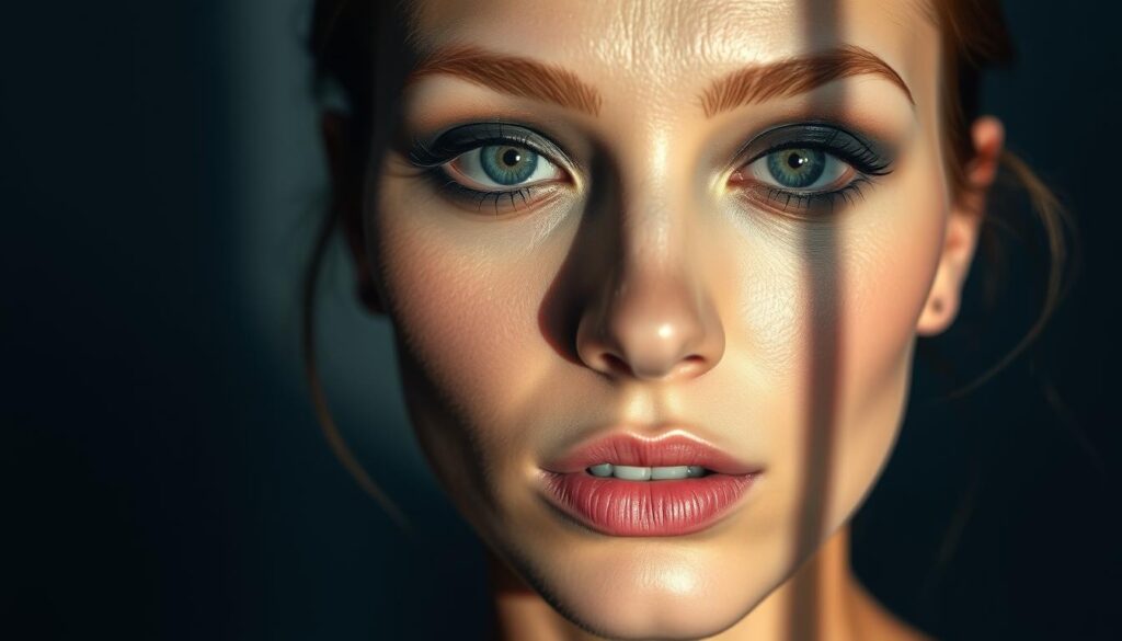 Elegant yet ethereal close-up portrait of a woman's face, with soft, glowing skin and delicate features. Her eyes are accentuated with soft, smoky blue-gray eyeshadow, blended seamlessly. Rosy, glowing cheeks and a subtle, pink-tinted lip color complete the natural, yet refined makeup look. Dramatic lighting casts dramatic shadows, creating a moody, atmospheric ambiance. Shallow depth of field keeps the focus on the model's face, with a blurred, hazy background. Elegant, minimalist aesthetic captures the essence of a chic, effortless "cornflower blue" makeup style. Elegant yet ethereal close-up portrait of a woman's face, with soft, glowing skin and delicate features. Her eyes are accentuated with soft, smoky blue-gray eyeshadow, blended seamlessly. Rosy, glowing cheeks and a subtle, pink-tinted lip color complete the natural, yet refined makeup look. Dramatic lighting casts dramatic shadows, creating a moody, atmospheric ambiance. Shallow depth of field keeps the focus on the model's face, with a blurred, hazy background. Elegant, minimalist aesthetic captures the essence of a chic, effortless "cornflower blue" makeup style.