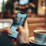 Osoba pisząca kreatywny opis do zdjęcia na telefonie z widocznym Instagramem