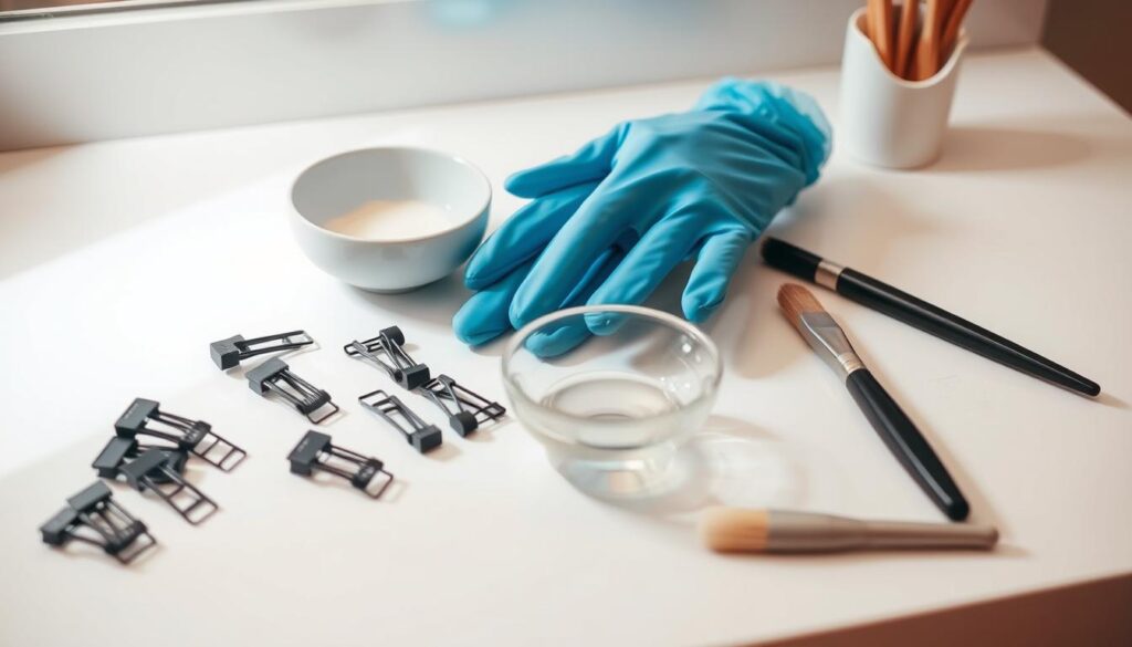 Preparing for hair lightening: a meticulous setup on a clean, well-lit vanity. Neatly arranged tools - hair clips, gloves, a bowl of lightening agent, and a tinting brush, conveying a sense of care and attention to detail. The background features a soothing, neutral color palette, creating a serene and focused atmosphere. Soft, directional lighting casts gentle shadows, emphasizing the importance of the task at hand. The overall composition suggests a methodical, professional approach to the hair lightening process, reflecting the "Bezpieczeństwo i przygotowanie przed zabiegiem" section of the article. Preparing for hair lightening: a meticulous setup on a clean, well-lit vanity. Neatly arranged tools - hair clips, gloves, a bowl of lightening agent, and a tinting brush, conveying a sense of care and attention to detail. The background features a soothing, neutral color palette, creating a serene and focused atmosphere. Soft, directional lighting casts gentle shadows, emphasizing the importance of the task at hand. The overall composition suggests a methodical, professional approach to the hair lightening process, reflecting the "Bezpieczeństwo i przygotowanie przed zabiegiem" section of the article.