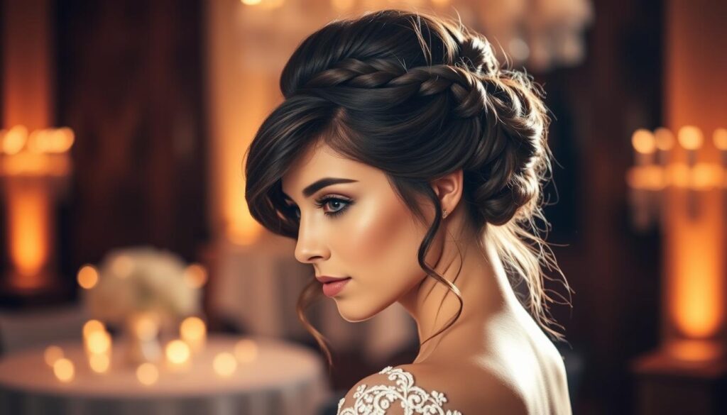 a sophisticated and stylish wedding hairstyle on a young woman with long, lush dark hair, styled in an elegant updo with delicate braids and curls, illuminated by soft, warm lighting and captured at a flattering angle to showcase the intricate details and texture of the hairstyle, set against a blurred, romantic background suggestive of a wedding venue or celebration, exuding an air of timeless elegance and feminine charm