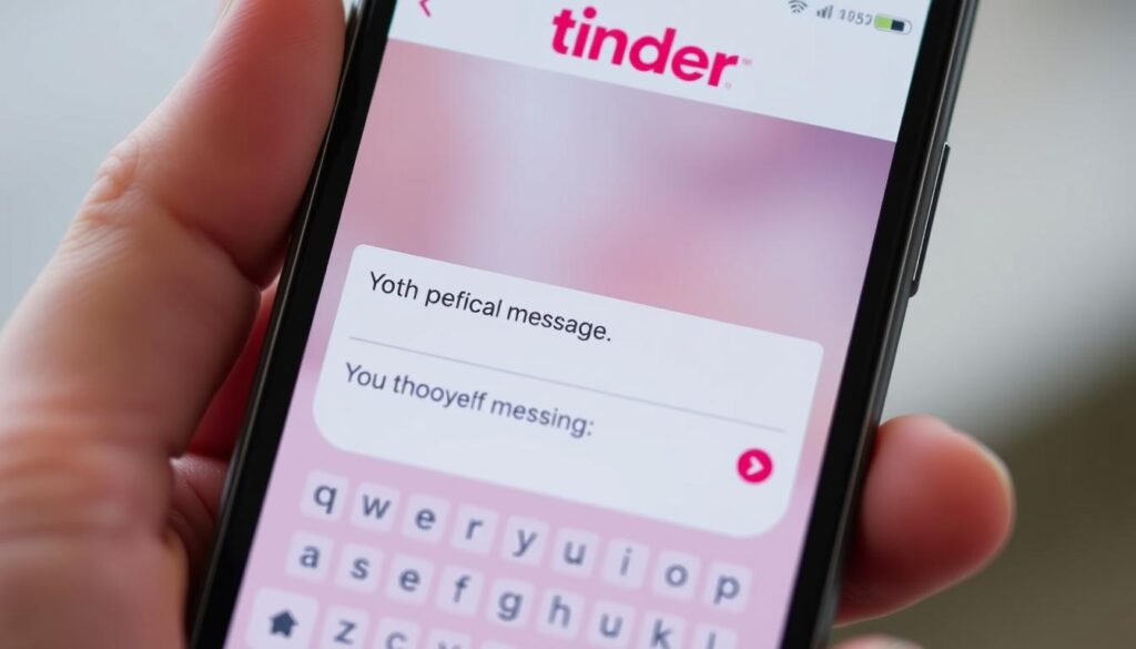 Ekran telefonu z aplikacją Tinder i przykładowymi tekstami jak zagadać do dziewczyny Ekran telefonu z aplikacją Tinder i przykładowymi tekstami jak zagadać do dziewczyny