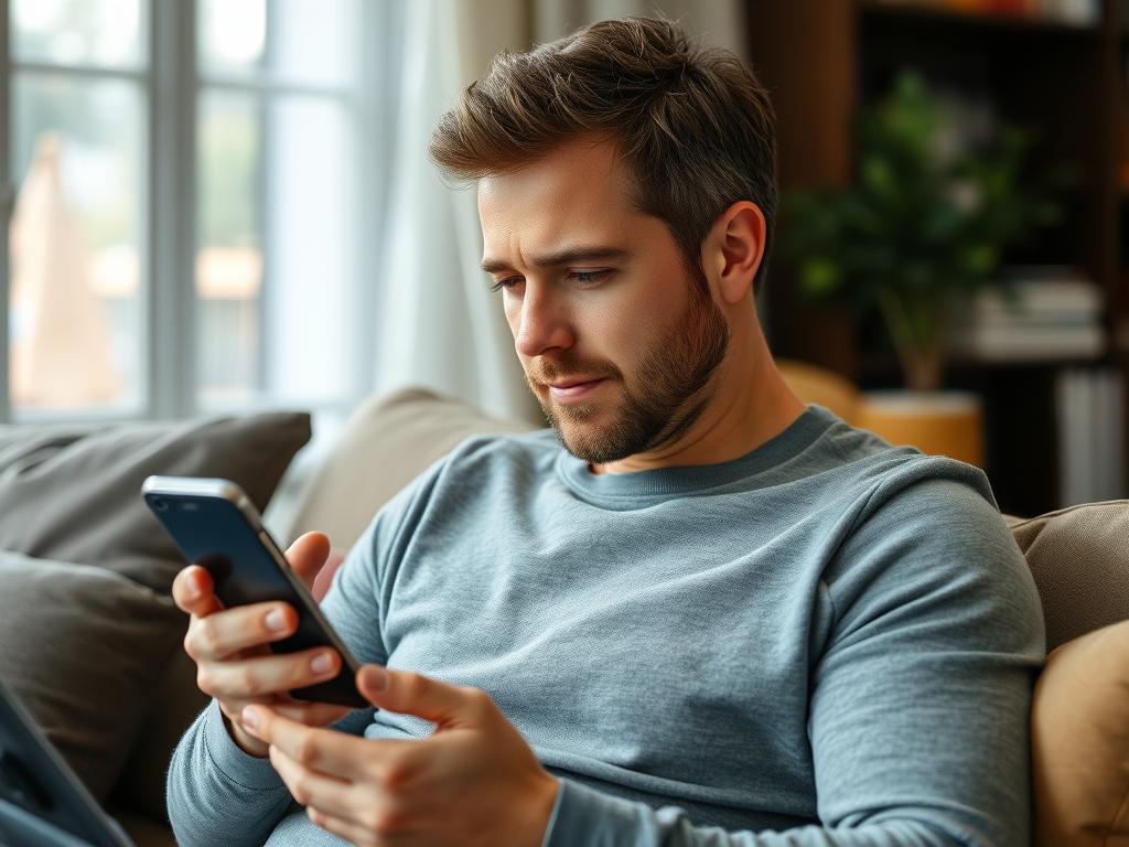 Mężczyzna piszący wiadomość na telefonie, zastanawiający się jak zagadać do dziewczyny przez teksty Mężczyzna piszący wiadomość na telefonie, zastanawiający się jak zagadać do dziewczyny przez teksty