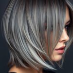 Szare ombre włosy do ramion - przykład modnej fryzury grombre na modelce