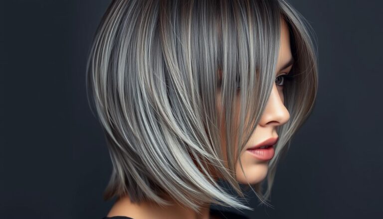 Szare ombre włosy do ramion - przykład modnej fryzury grombre na modelce