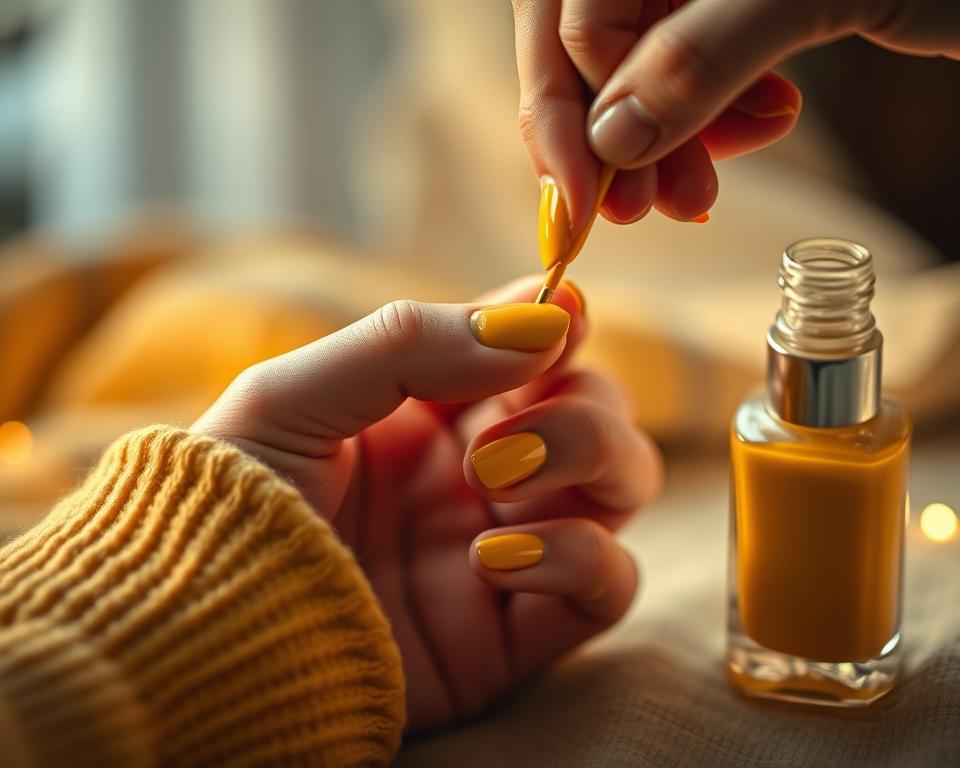 A close-up of a hand delicately applying a vibrant mustard-colored nail polish to well-manicured nails, set against a soft, blurred background. The lighting is warm and diffused, creating a cozy, intimate atmosphere. The nail polish bottle sits nearby, its rich, golden hue reflecting the subtle sheen of the lacquer. The composition emphasizes the careful attention to detail and the satisfying ritual of nail care, inviting the viewer to imagine the experience of maintaining these stylish, mustard-toned nails.