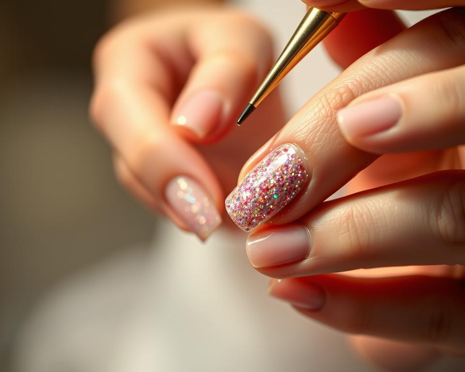 A close-up shot of female hands meticulously applying shimmering mermaid-inspired glitter nail polish. The nails are positioned prominently against a soft, out-of-focus background, allowing the iridescent powder to take center stage. Warm, diffused lighting gently catches the sparkling particles, creating an ethereal, magical effect. The application process is shown in careful detail, with a focus on the delicate movements and precise technique required to achieve the desired look. The overall composition emphasizes the artistry and care involved in the step-by-step application of the mermaid-inspired nail polish. A close-up shot of female hands meticulously applying shimmering mermaid-inspired glitter nail polish. The nails are positioned prominently against a soft, out-of-focus background, allowing the iridescent powder to take center stage. Warm, diffused lighting gently catches the sparkling particles, creating an ethereal, magical effect. The application process is shown in careful detail, with a focus on the delicate movements and precise technique required to achieve the desired look. The overall composition emphasizes the artistry and care involved in the step-by-step application of the mermaid-inspired nail polish.