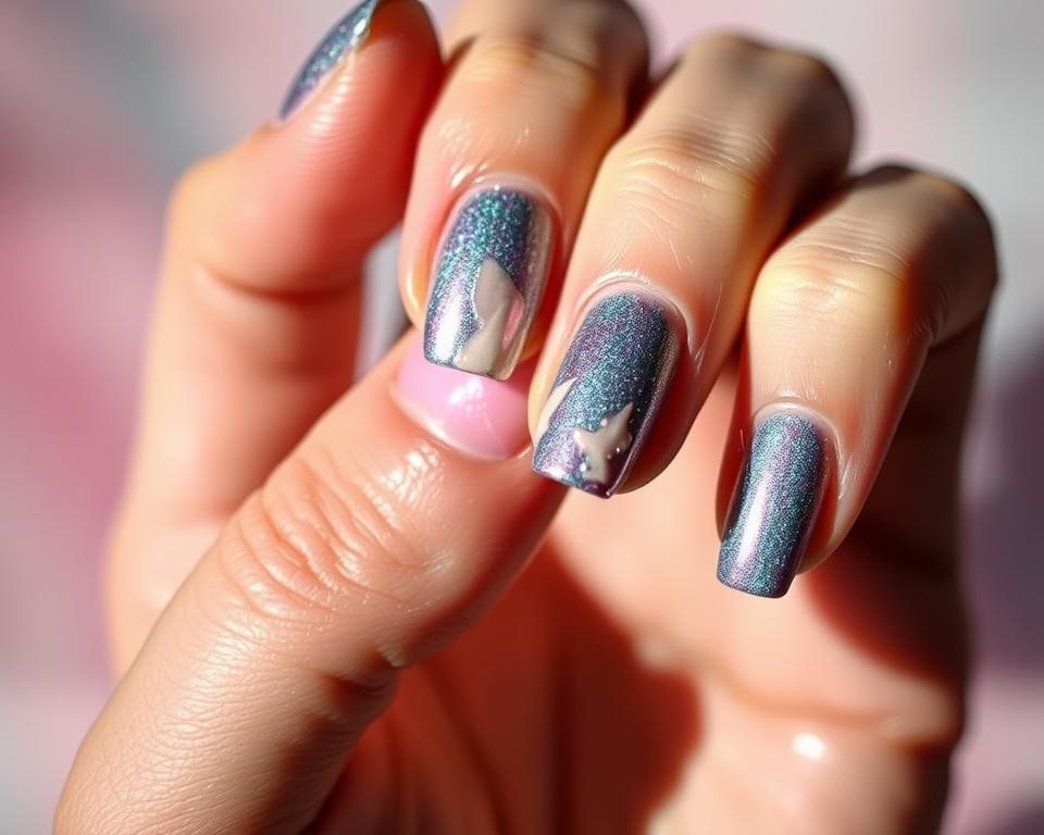 A close-up view of a manicured hand applying a shimmering mermaid-inspired nail polish effect, with the application process going awry, resulting in blotchy, uneven coverage and a splotchy, streaky appearance. The hand is positioned against a softly blurred, pastel-toned background, emphasizing the imperfect application. Dramatic side lighting casts shadows, accentuating the texture and highlighting the mistakes. The overall mood is one of frustration and disappointment, capturing the "siren's curse" of a failed attempt at the popular nail trend. A close-up view of a manicured hand applying a shimmering mermaid-inspired nail polish effect, with the application process going awry, resulting in blotchy, uneven coverage and a splotchy, streaky appearance. The hand is positioned against a softly blurred, pastel-toned background, emphasizing the imperfect application. Dramatic side lighting casts shadows, accentuating the texture and highlighting the mistakes. The overall mood is one of frustration and disappointment, capturing the "siren's curse" of a failed attempt at the popular nail trend.