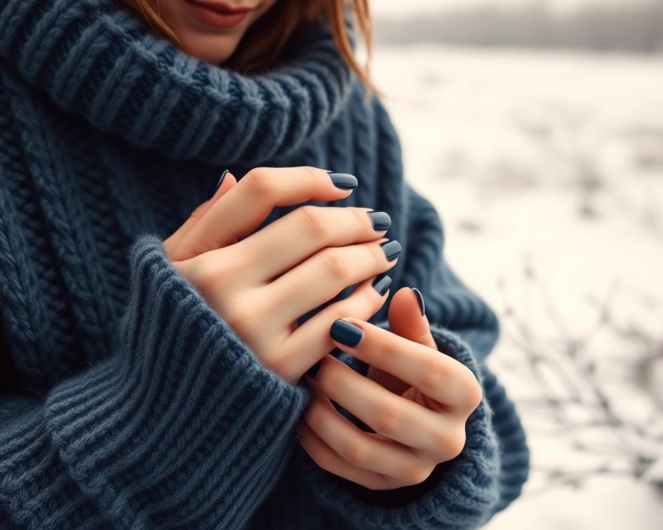 A cozy winter scene featuring a woman's hands carefully tending to her nails. In the foreground, the woman's slender fingers are gently applying a deep blue nail polish, the rich color complementing the soft, pale skin. In the middle ground, a warm, knitted sweater in a complementary shade of blue envelops the woman, creating a sense of comfort and relaxation. The background is a muted, snowy landscape, with the soft, diffused light of an overcast day casting a serene, tranquil atmosphere. The composition is balanced, with the woman's hands and the sweater filling the frame, drawing the viewer's eye to the intricate act of nail care. The overall mood is one of self-care, tranquility, and the beauty found in simple, everyday moments. A cozy winter scene featuring a woman's hands carefully tending to her nails. In the foreground, the woman's slender fingers are gently applying a deep blue nail polish, the rich color complementing the soft, pale skin. In the middle ground, a warm, knitted sweater in a complementary shade of blue envelops the woman, creating a sense of comfort and relaxation. The background is a muted, snowy landscape, with the soft, diffused light of an overcast day casting a serene, tranquil atmosphere. The composition is balanced, with the woman's hands and the sweater filling the frame, drawing the viewer's eye to the intricate act of nail care. The overall mood is one of self-care, tranquility, and the beauty found in simple, everyday moments.