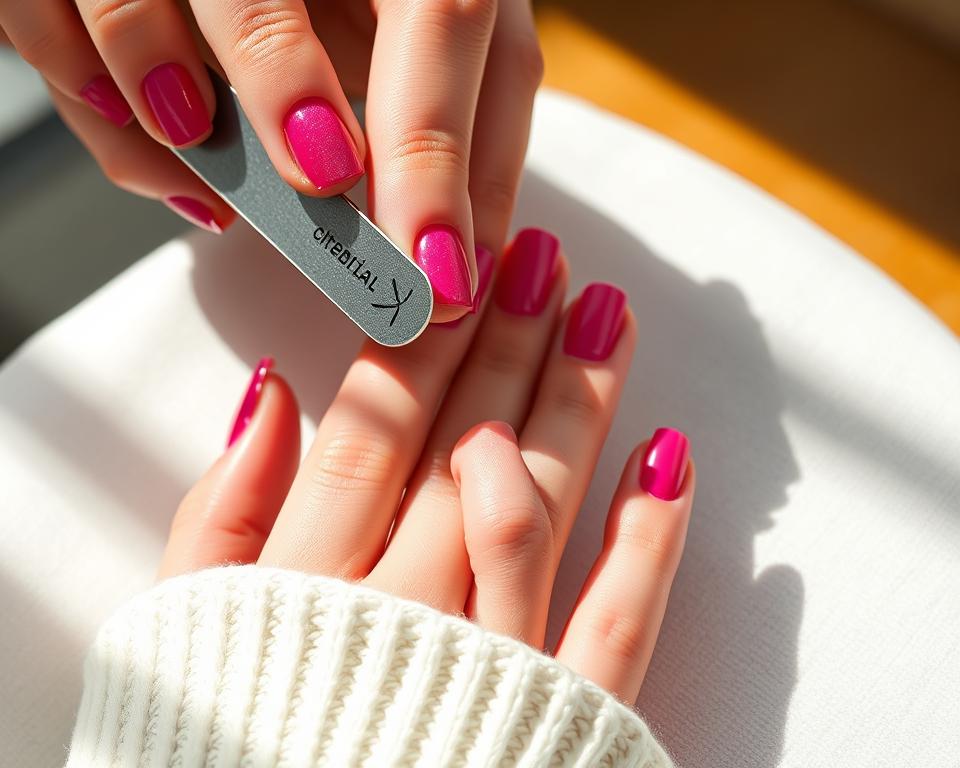 A manicured hand with well-groomed nails being carefully prepared for the application of hybrid nail polish. Soft, natural lighting illuminates the process - a nail file gently smoothing the surface, a buffer block adding shine, cuticles meticulously pushed back. The nails are clean, perfectly shaped, and ready to receive the vibrant, shimmering siren nail color. The scene conveys a sense of attentiveness, precision, and the anticipation of a beautiful, long-lasting manicure. A manicured hand with well-groomed nails being carefully prepared for the application of hybrid nail polish. Soft, natural lighting illuminates the process - a nail file gently smoothing the surface, a buffer block adding shine, cuticles meticulously pushed back. The nails are clean, perfectly shaped, and ready to receive the vibrant, shimmering siren nail color. The scene conveys a sense of attentiveness, precision, and the anticipation of a beautiful, long-lasting manicure.