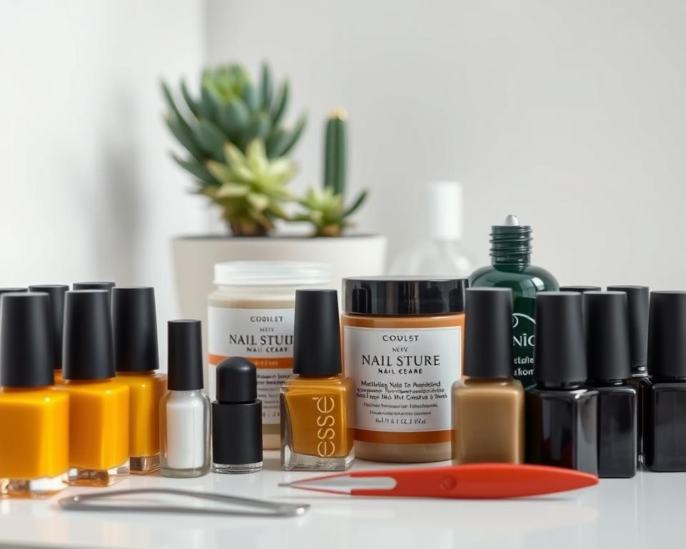 A well-lit, close-up photograph of an assortment of high-quality manicure and nail care products on a clean, minimalist surface. In the foreground, an array of nail polish bottles in various shades of mustard and black, along with a nail file, cuticle pusher, and other essential tools. The middle ground features a jar of moisturizing nail cream and a bottle of strengthening nail polish. The background showcases a few potted succulents, creating a serene, natural atmosphere. The lighting is soft and diffused, highlighting the textures and colors of the products. The overall mood is one of sophistication, care, and attention to detail, reflecting the section title "Produkt, który ochroni Twoje paznokcie".