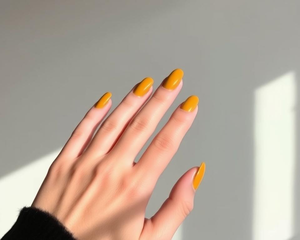 Crisp closeup shot of a well-manicured female hand with long, oval-shaped nails painted in a rich, mellow mustard-yellow hue. The nails have a subtle sheen, capturing the warm, earthy undertones of the color. The hand is posed against a clean, minimalist background, allowing the mustard nails to take center stage. The lighting is soft and diffused, creating gentle shadows that accentuate the natural shape and texture of the nails. The overall mood is sophisticated, modern, and inviting, reflecting the elegance and versatility of the mustard nail color.