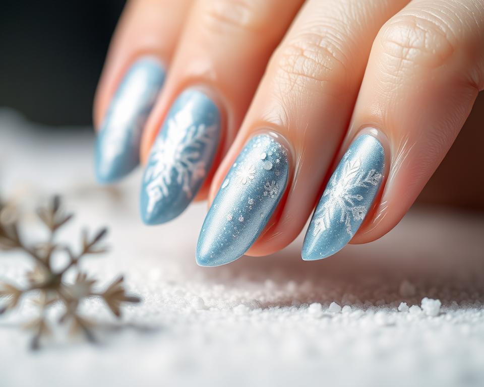 Detailed winter manicure techniques, featuring a close-up of delicate blue and silver nail art. The nails are meticulously shaped and polished, with intricate patterns and textures reminiscent of glistening ice crystals. Soft, diffused lighting illuminates the scene, creating a serene and enchanting atmosphere. The composition emphasizes the intricate details of the manicure, drawing the viewer's attention to the skilled craftsmanship and the beauty of the seasonal design. Detailed winter manicure techniques, featuring a close-up of delicate blue and silver nail art. The nails are meticulously shaped and polished, with intricate patterns and textures reminiscent of glistening ice crystals. Soft, diffused lighting illuminates the scene, creating a serene and enchanting atmosphere. The composition emphasizes the intricate details of the manicure, drawing the viewer's attention to the skilled craftsmanship and the beauty of the seasonal design.