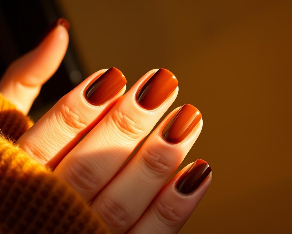A beautifully lit manicure with a harmonious blend of rich, autumnal brown hues. Warm chestnut, earthy umber, and deep mocha tones elegantly painted on well-groomed nails. The lighting casts a soft, golden glow, accentuating the glossy, lacquered finish. The nails are presented in an artful, minimalist composition, drawing the viewer's eye to the intricate details and naturally occurring variations in the nail polish. An inviting, cozy atmosphere evocative of the changing seasons. A beautifully lit manicure with a harmonious blend of rich, autumnal brown hues. Warm chestnut, earthy umber, and deep mocha tones elegantly painted on well-groomed nails. The lighting casts a soft, golden glow, accentuating the glossy, lacquered finish. The nails are presented in an artful, minimalist composition, drawing the viewer's eye to the intricate details and naturally occurring variations in the nail polish. An inviting, cozy atmosphere evocative of the changing seasons.