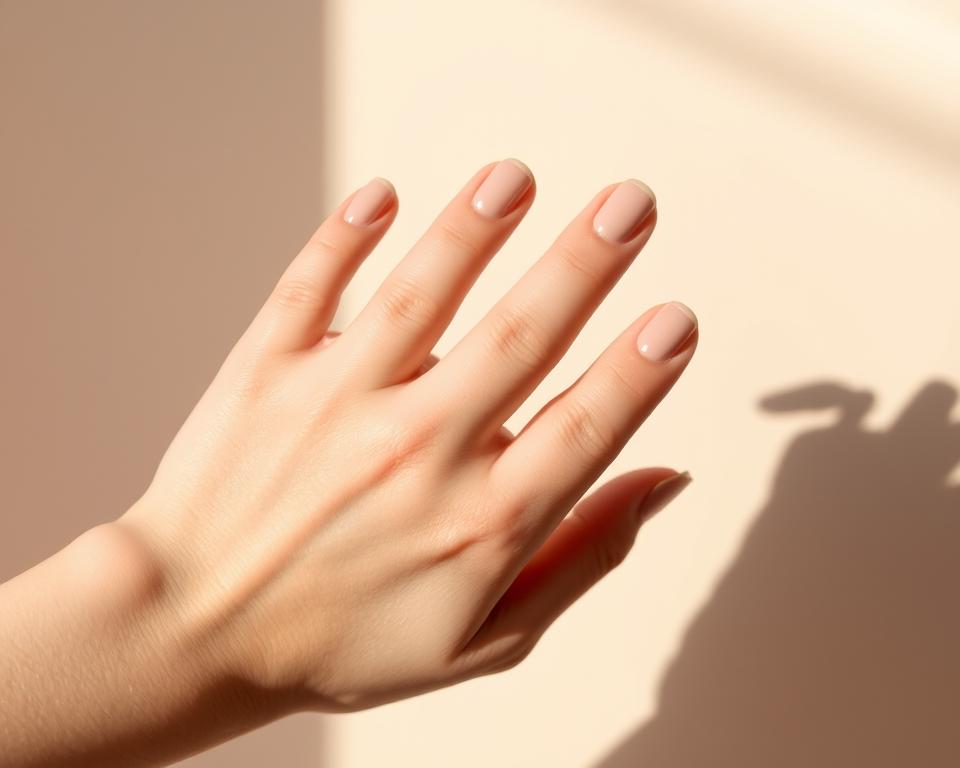 A beautifully manicured hand, perfectly lit, with a selection of nude-toned nail polishes artfully arranged. The nails are trimmed and shaped, with a subtle shine and healthy appearance. The background is a soft, muted tone, allowing the focus to be on the nuanced hues of the nail colors, ranging from delicate pinks to warm beiges, with hints of shimmer and pearl-like luster. The lighting is natural and diffused, creating a serene, inviting atmosphere that evokes the elegance and sophistication of a spa-like setting. The overall composition is balanced and visually appealing, highlighting the careful consideration of color and texture in the perfect nude manicure.