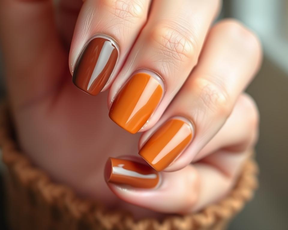 A close-up of a well-manicured hand with a variety of warm, autumnal brown nail polish shades. The nails are neatly trimmed and shaped, with a subtle shine reflecting the soft, natural lighting. The skin around the nails is smooth and healthy-looking, creating a sense of elegance and grooming. The tones range from deep, rich chocolates to lighter, golden caramel hues, creating a harmonious and visually appealing palette. The image conveys a cozy, fall-inspired mood, perfectly suited to illustrate the "Popularne odcienie brązowego" section of the article "paznokcie jesienne brązowe."